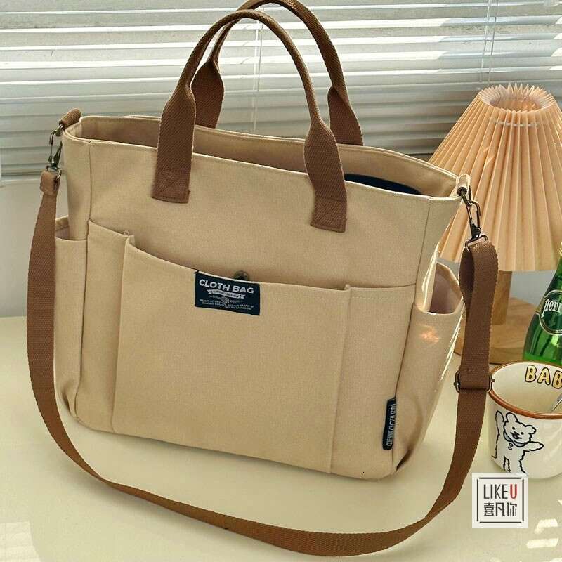66 Thickened Multi Pocket Tote Canvas Leisure Student Computer Simplified Handheld One Shoulder Crossbody Book Bag