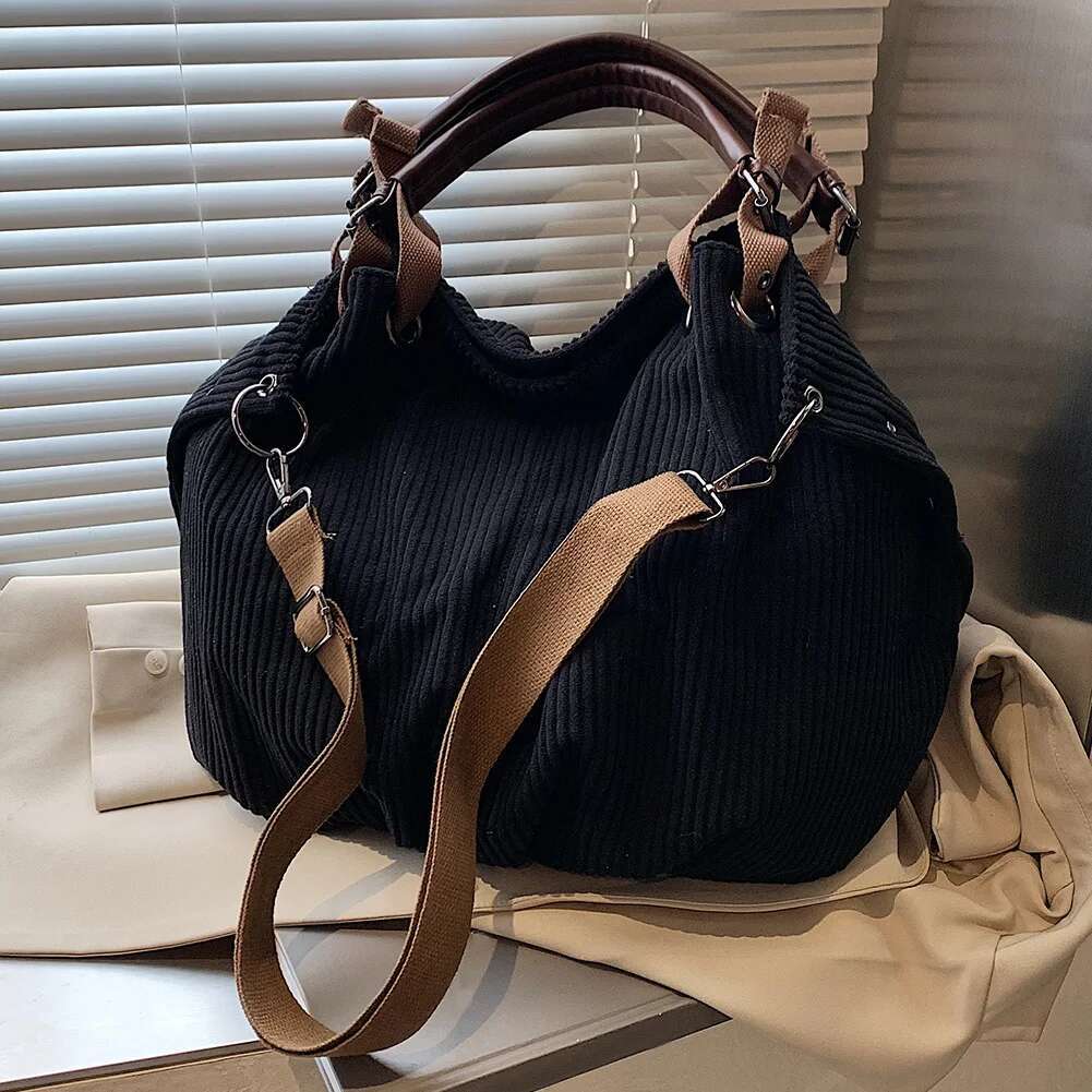 Slouchy Tote Bags Corduroy Casual Handbag Detachable Long Strap Shoulder Women's Large Capacity Crossbody Bag Zipper Satchel
