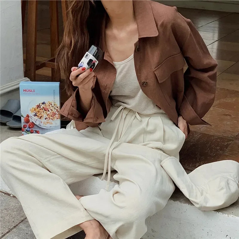 REALEFT Retro Cotton Linen Womens Cargo Jacket Pocket Spring and Autumn Solid Long Sleeve Casual Coat 250321