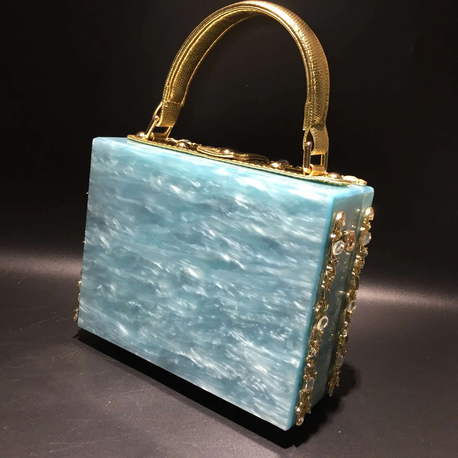 Acrylic Banquet Bag, Hollow Metal Carving With Dia Inlay, Handbag, Single Shoulder, Slng Back For Ladies