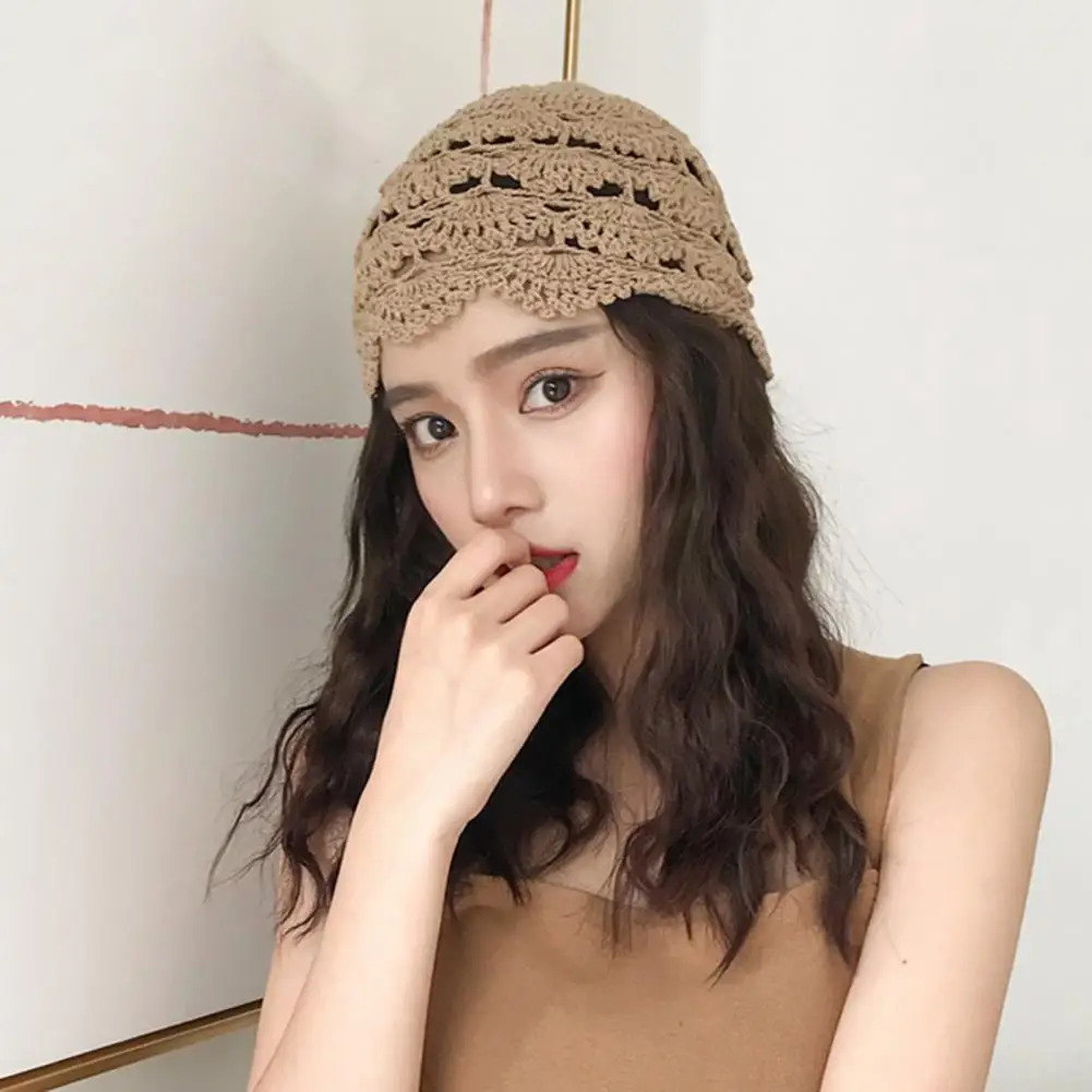 Ladies Hat Hollow Out Lace Women Jacquard Hat Soft Manual Crochet Knitted Hat Solid Color Elastic Breathable Anti-slip Cap 250321