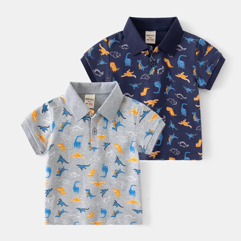 1-7Y Dino Full Print Children Polo for Boys Clothes Summer Collar Baby Boy Tshirt Grey Cotton Fashion Toddler Top Shirt Boutique 250326
