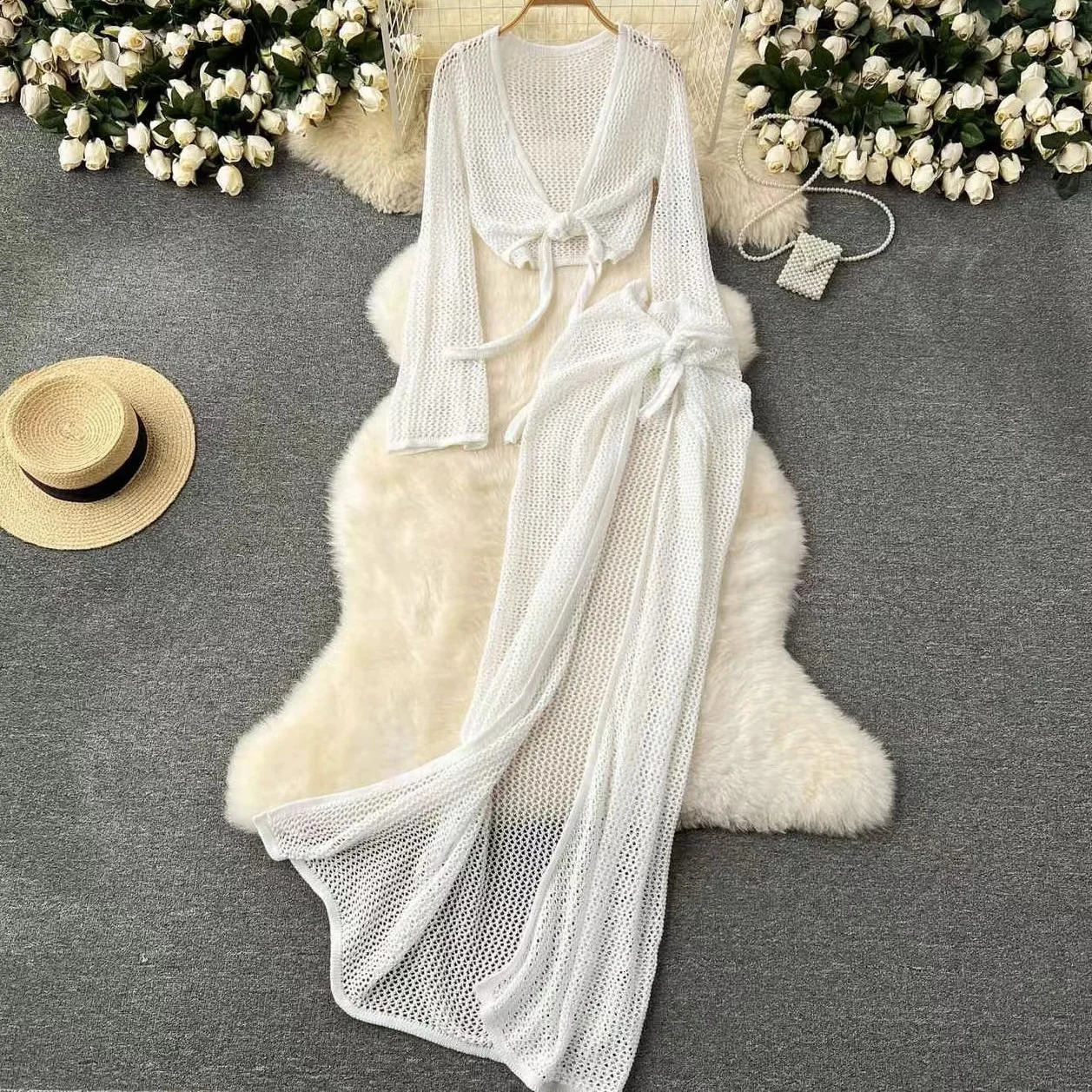 knitting Long Sleeve Bonds Top One piece Skirt Women Beach Vacation Bikini Cover Up Sun Bathing See-Through Sunscreen Smock 250324