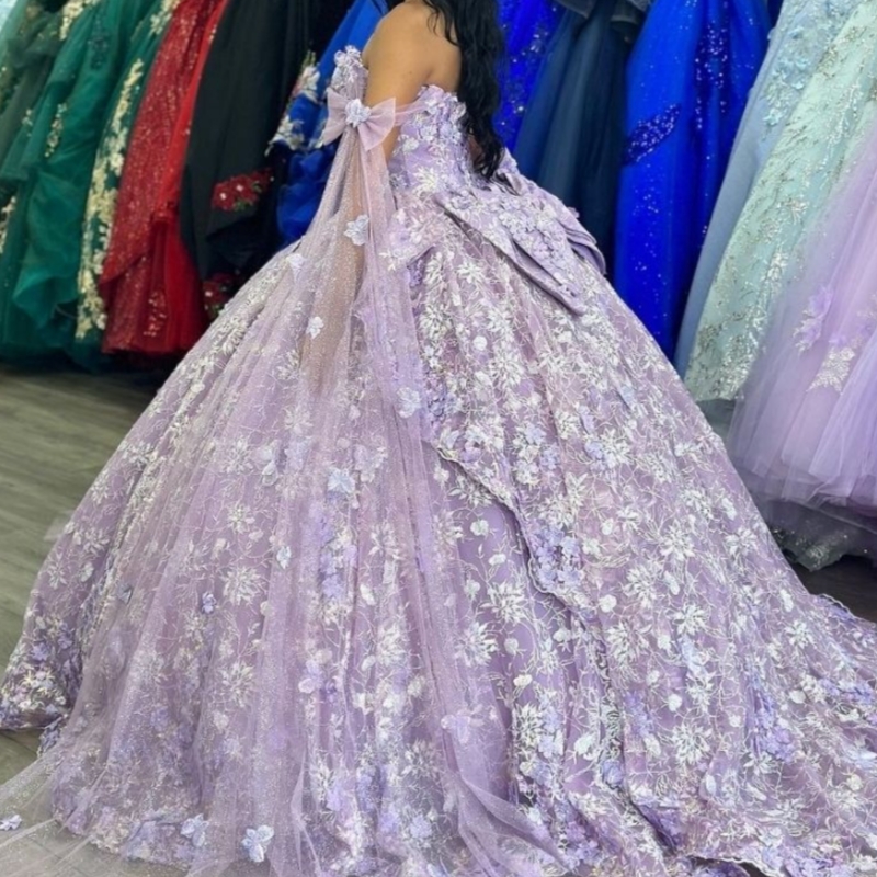 Luxury Glittering Lavender Quinceanera Dresses With Cape Sequin Applique Lace Flower Bow Beads Birthday Party Vestidos De 15 Anos Sweet 16 Dress