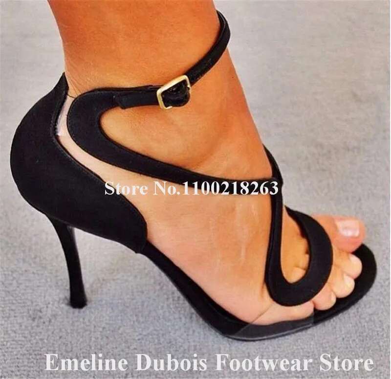 Brand Curved Emee Dubois Open Toe PVC Patchwork Stiletto Heel Gladiator Sandals Ankle Straps High Heels
