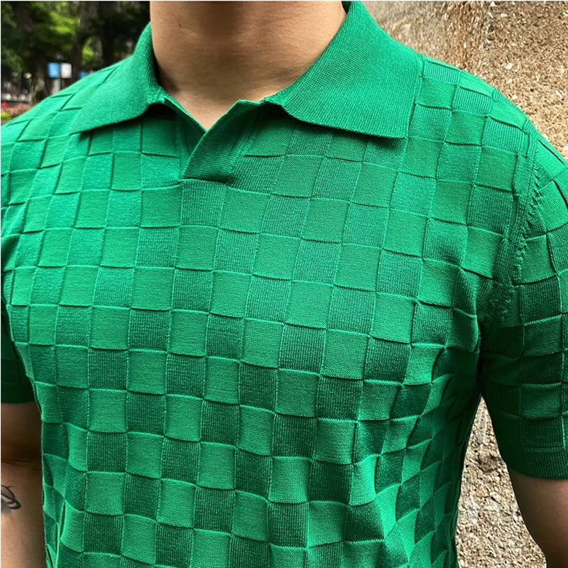 summer plain polo shirt mens short sleeved Vneck knitted lapel Tshirt top elastic slim casual business social 250326