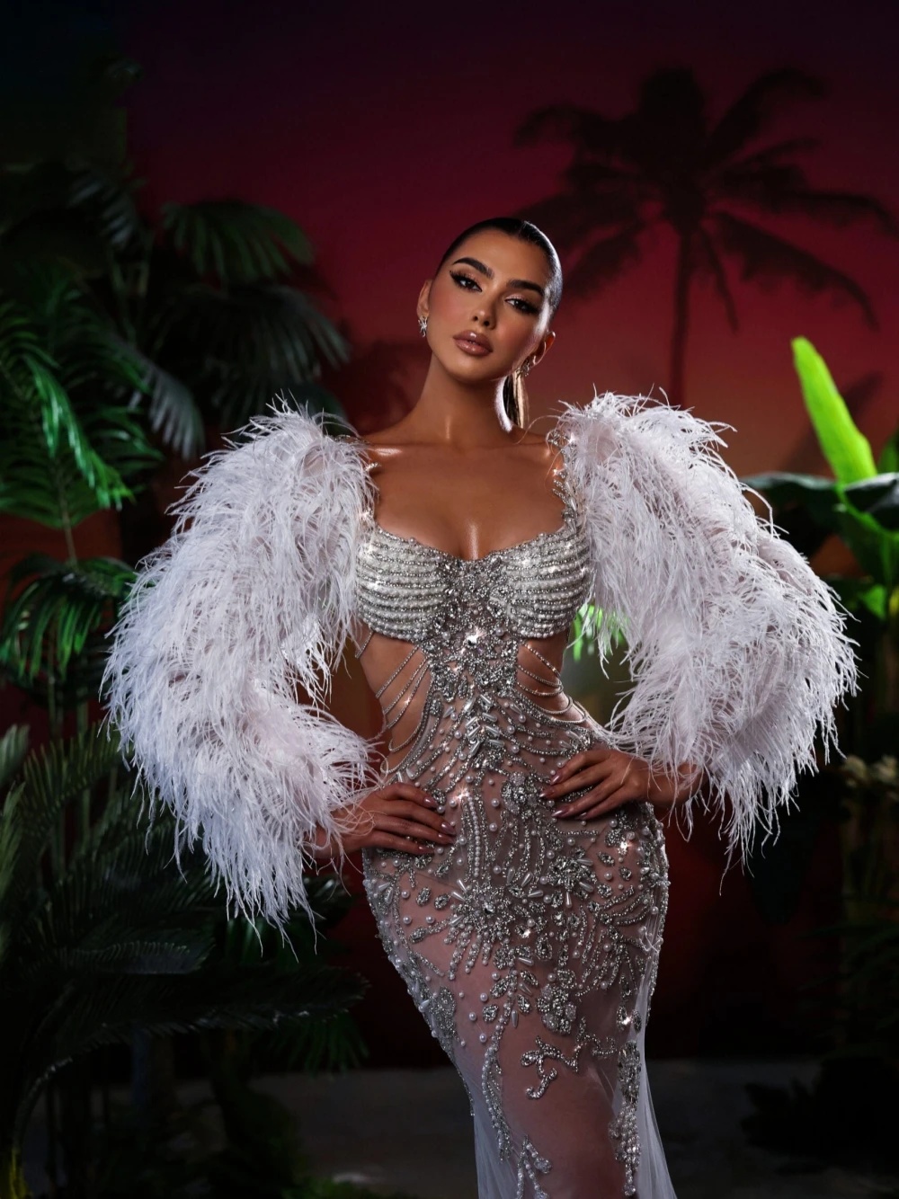 Sparkly Feather Wedding Dresses Crystal Pearls Beading Bridal Gowns See Through Mermaid Long Sleeves Customized Princess Sweep Train Bride Dress Vesti