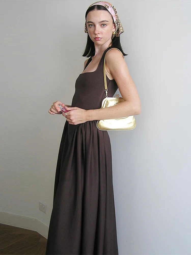 Casual Dresses Elegant A Line Long Dress Women Loose Square Neck Sleeveless Robe Female 2025 Spring Summer Fashion Solid High Waist