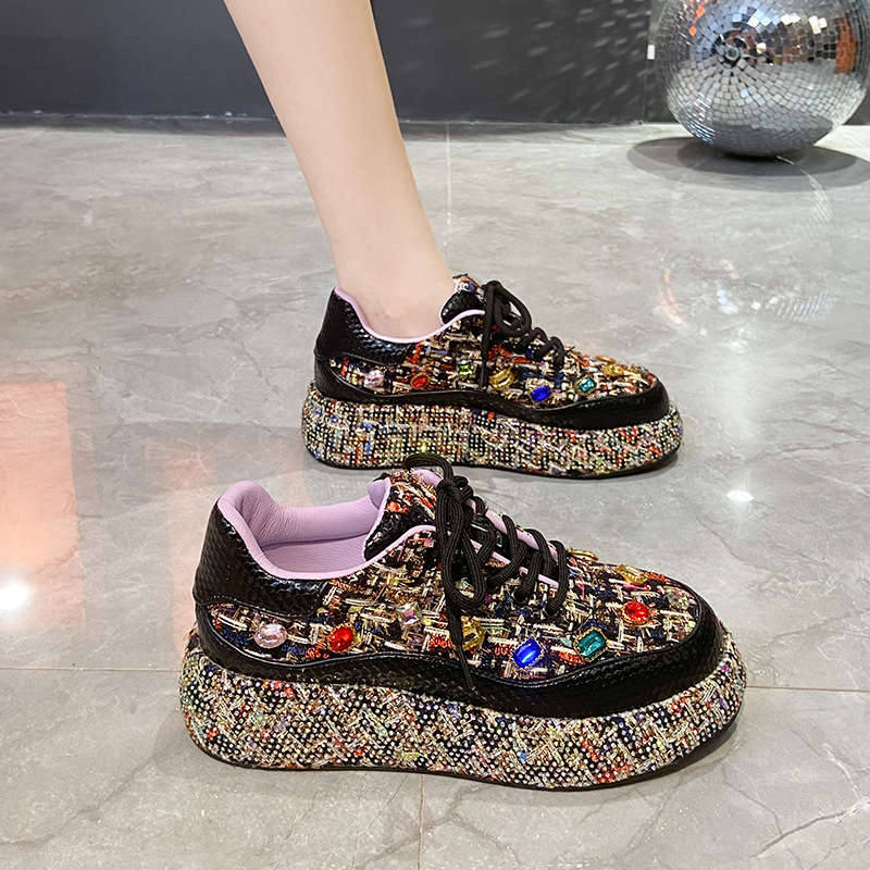 2025 European Style Summer New Light Luxury Breathable Single Shoe Thick Sole Casual Sports Rhinestone Mesh Shoes Women s Height Increasing Fashionabl