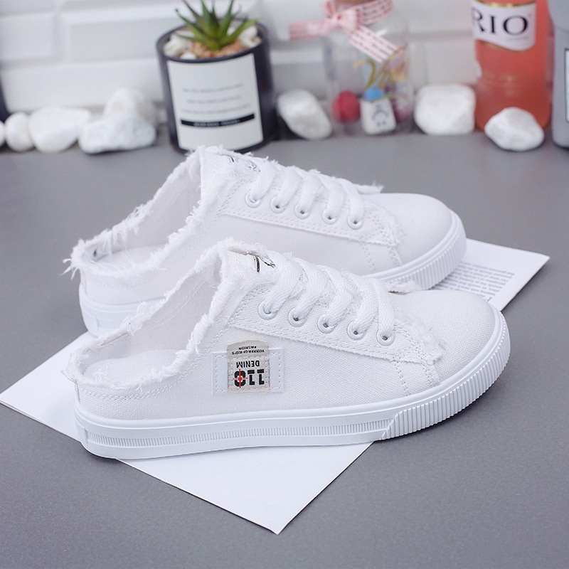 designer shoes 2025 style canvas shoes for women in spring and summer small white shoes flat sole sneakers lazy shoes slip-on half-slippers