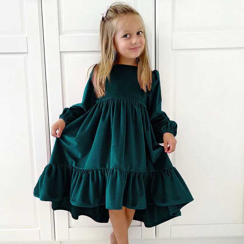 New 7-12-year-old girls spring and autumn winter velvet long sleeved pleated hem dress princess children Par dress childrens clothing W250326