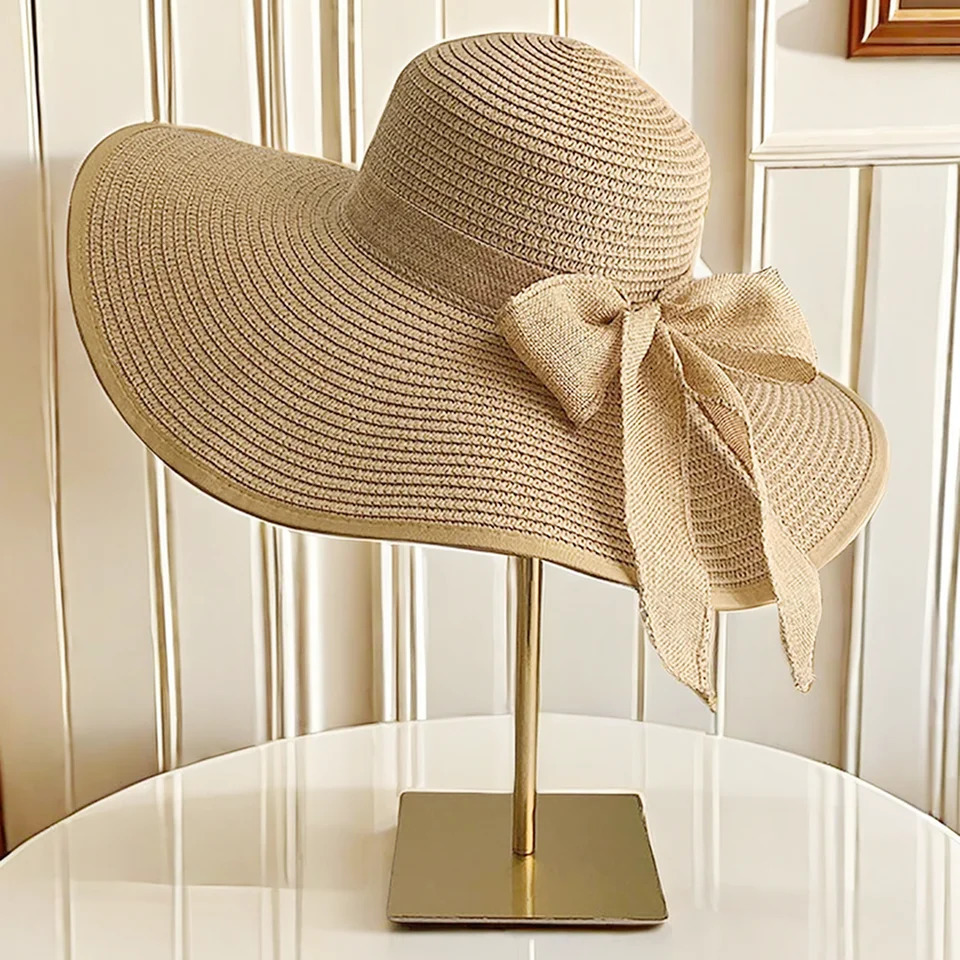 Summer Beach Vacation Big Hat Brim Beach Sunscreen Hat For Women Fashionable and Versatile Bow Ribbon Straw Hat 250326
