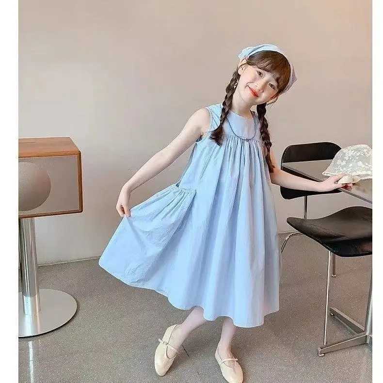 UNITIM Summer 2-12-year-old childrens and girls dress solid pleated sleeveless pocket childrens and girls dress cute loose teenage girls dress W250326
