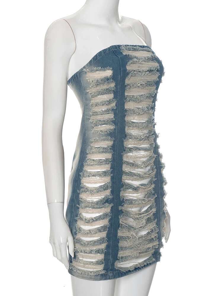 kliou Denim Patchwork Women Mini Dress Classic Pleated Hollow Wrapped Chest Sleeveless Skinny Vestidos y Unique Frock