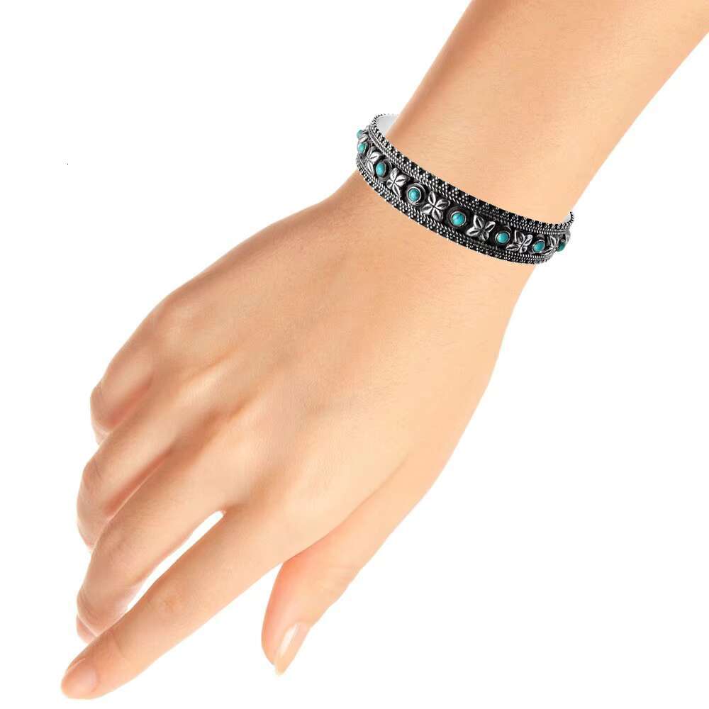 Indian Artisan Handicraft Jewelry Sterg Oxidized Sier Natural Turquoise Gemstone Ethnic Engraved Bangle Woman Girls Al