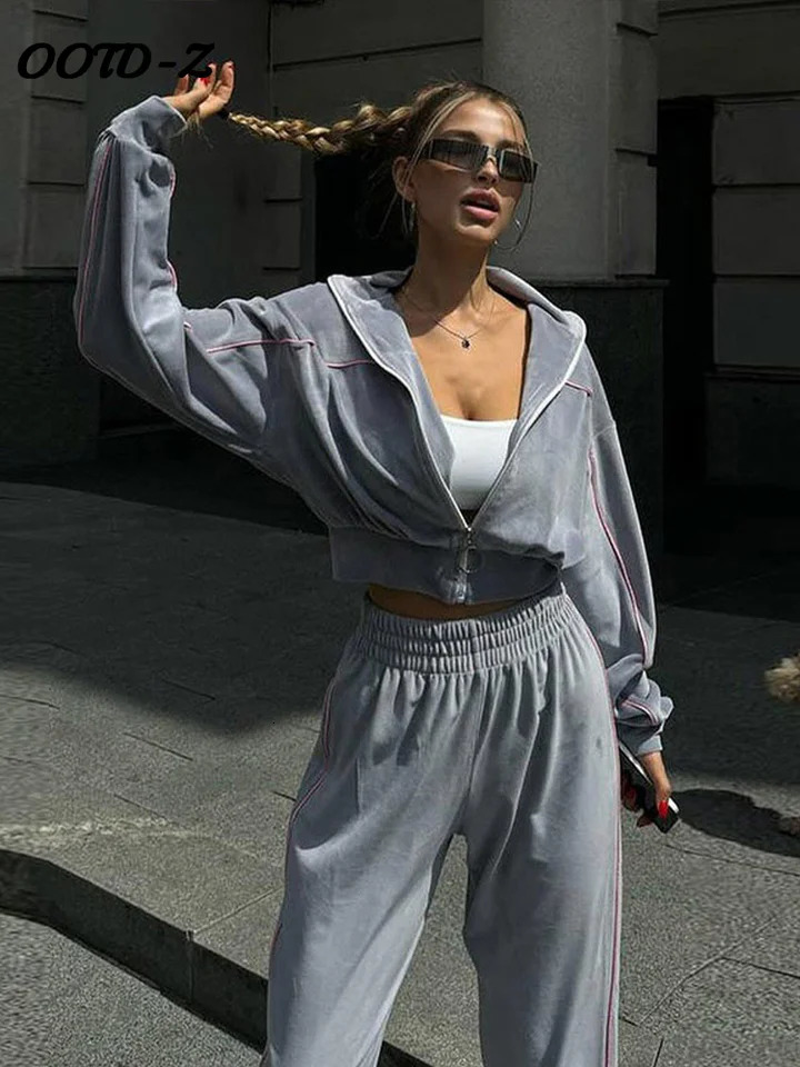 Sports patch loose pants set womens casual long sleeved zipper holder collar short top wide leg Trousers womens elastic set 250320