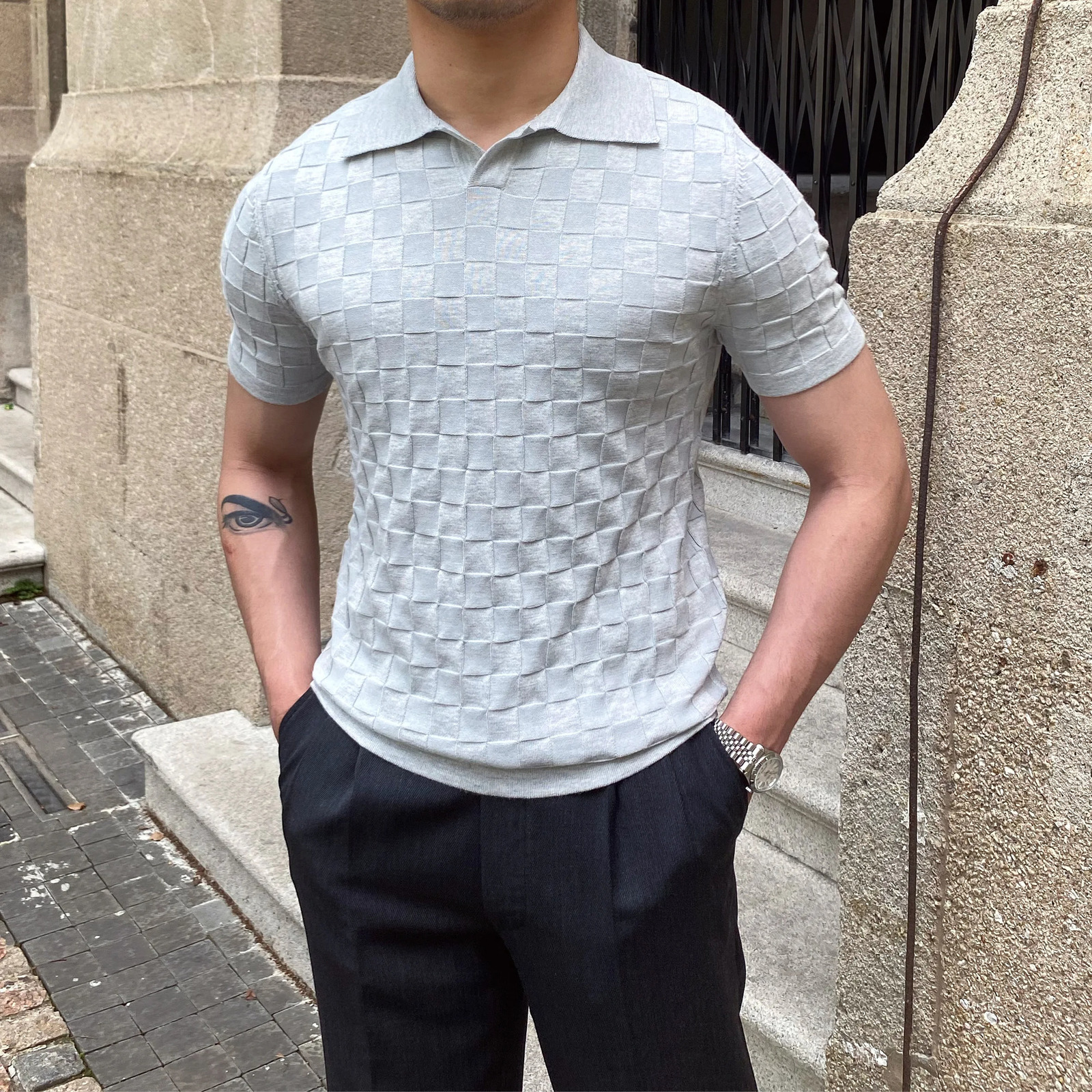 summer plain polo shirt mens short sleeved Vneck knitted lapel Tshirt top elastic slim casual business social 250326