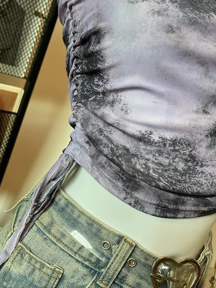 Oversized brushed pleated camisole top sleeveless vest summer print womens Y2k E-Girl ultra-thin fit sleeveless vest 250321