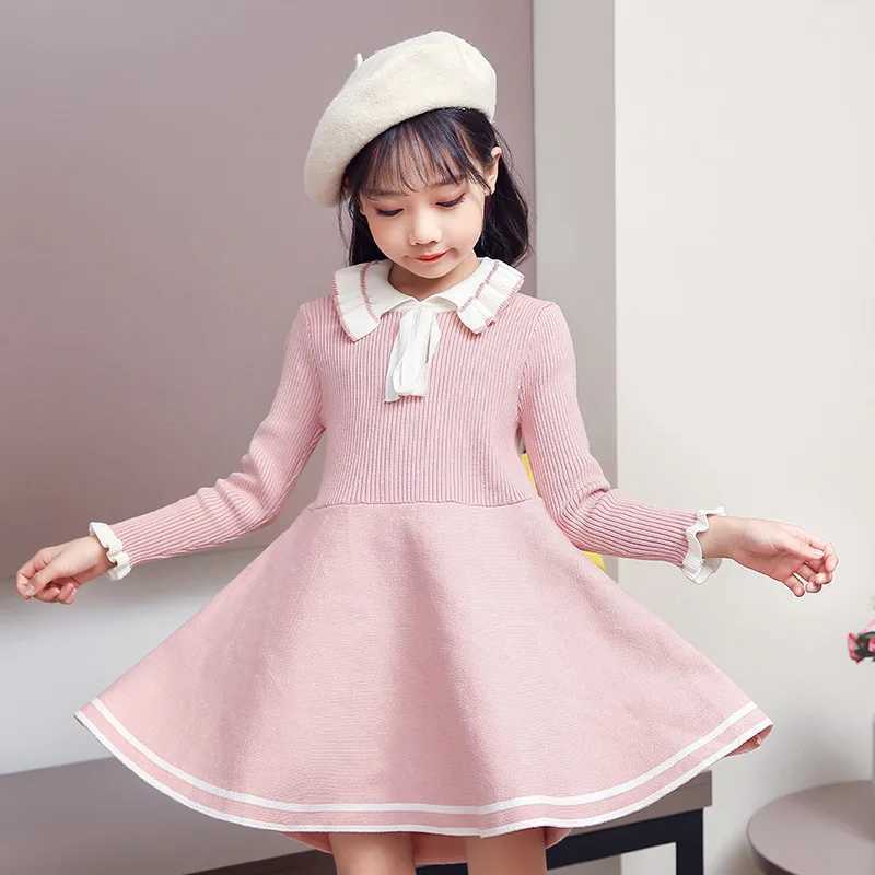 Autumn childrens warm sweater girls casual solid color pleated princess dress girls winter knitted dress W250326