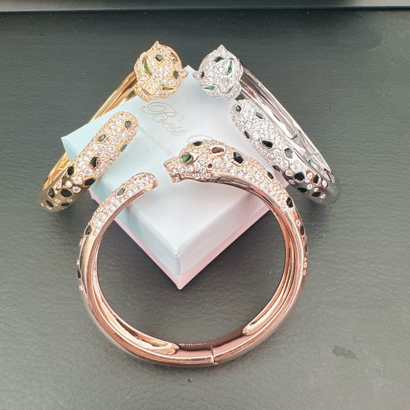 hion Panther Bangle Plated Gold Diamond Inlay Black Enamel Spots Green Eyes Leopard Head Open Cuff Ladies Sterling Silver Bangle S Z250910