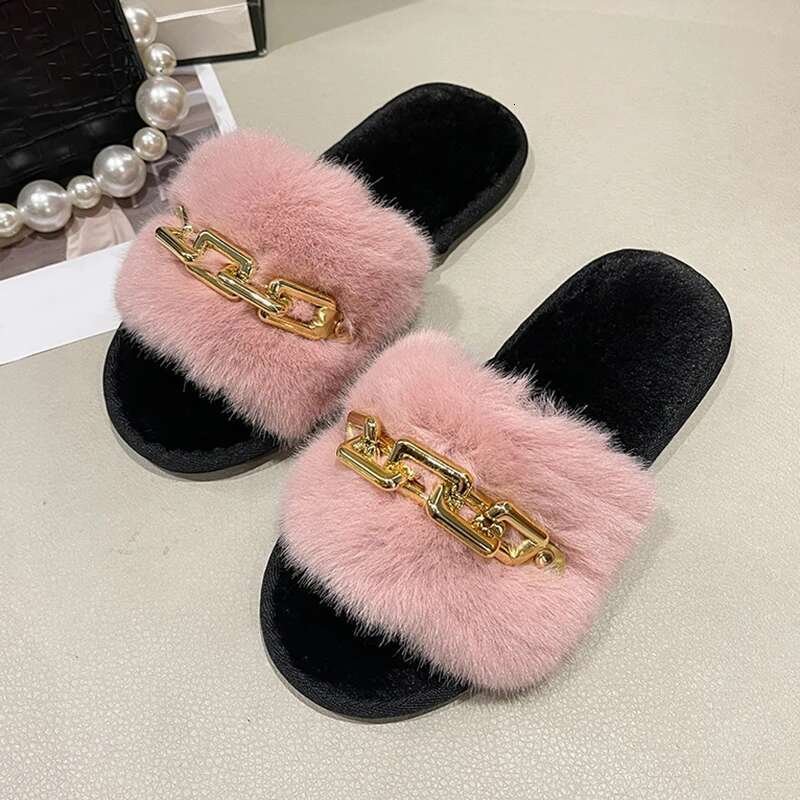 2025 New Fluffy Slippers Home Leisure Chain Designer Fashion Shoes Indoor Platform Plush Slide Girl