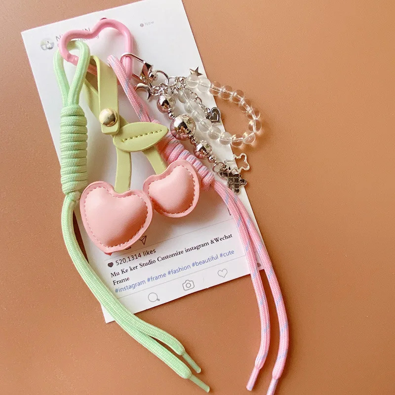 Pink Leather Cherry Braided Rope Backpack Keychain Fashion Acrylic Beaded Handbag Spring Lanyard Pendant Women Ornament Keyring 250325