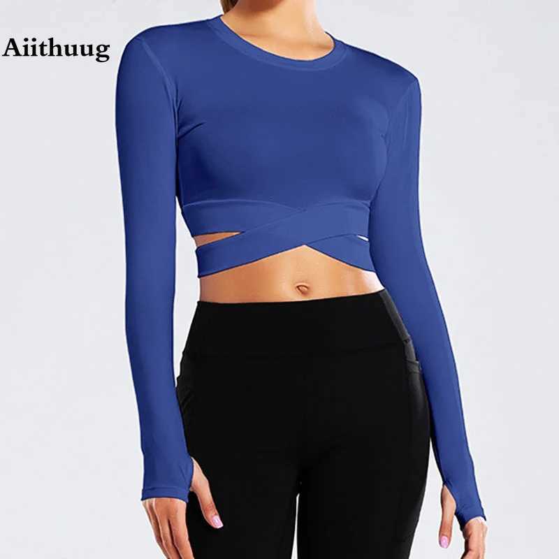 Aituug Miidriff long sleeved yoga top sports and fitness top slim fitness shirt running vest Criss Cross waist cross W250326