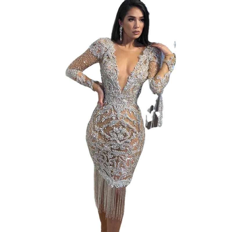 European And American Women's Deep V Hollow-Out Sleeve Sprinkled Gold Long Dress