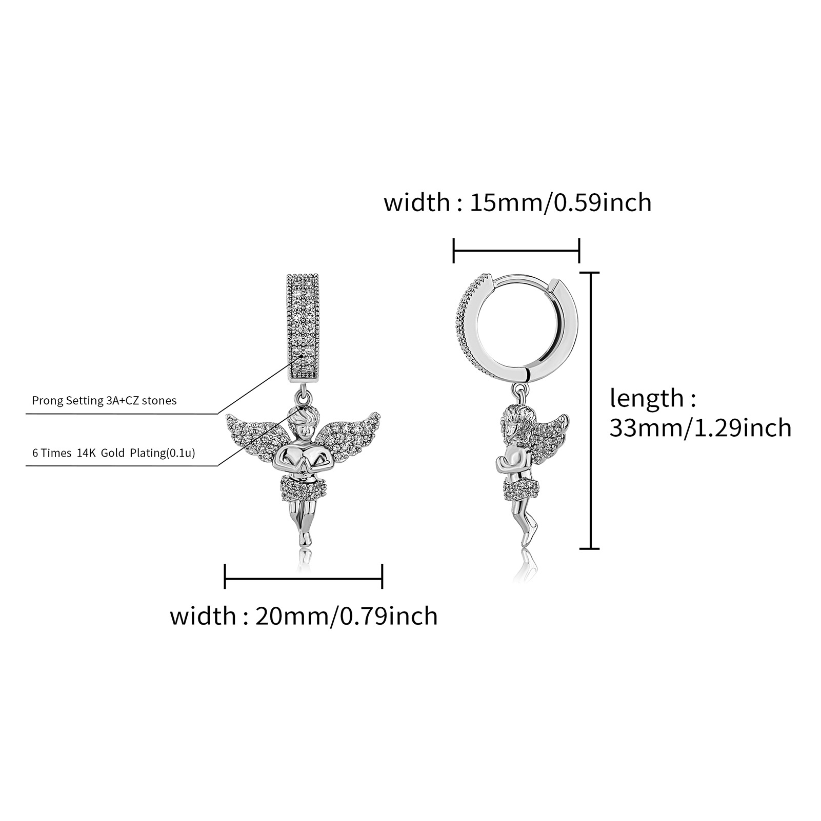 Charm Hip Hop Charm Angel Hoop Earrings 5A Zircon 14K Gold Plated Jewelry Gift
