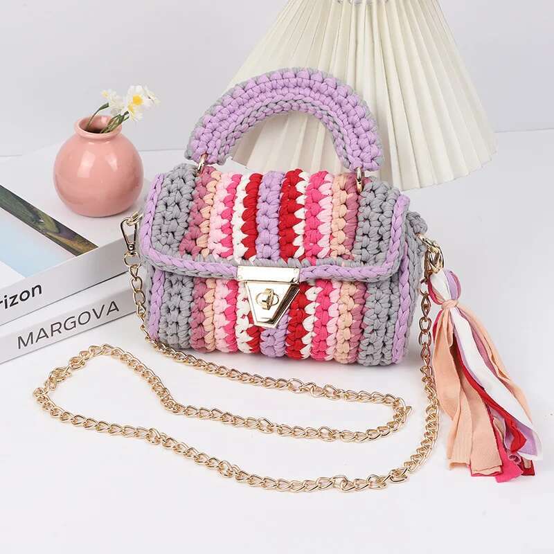 Women's Hot Selg Hand Crocheted Cloth Strip Woven Skew Cross Rainbow Color Shoulder Bag Designer Handbag