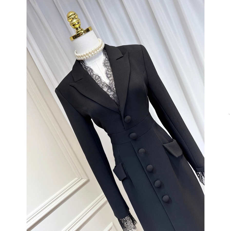 British black high-end temperament women's lace V-neck lapel single breasted mid length slit suit skirt