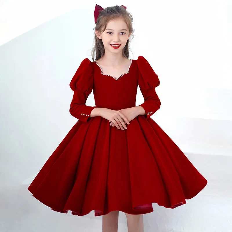 New Years Elegant Girl Red Dress Childrens Par Long Sleeve Ball Dress Piano Performance Childrens Girl Classic Slimming Dress W250326