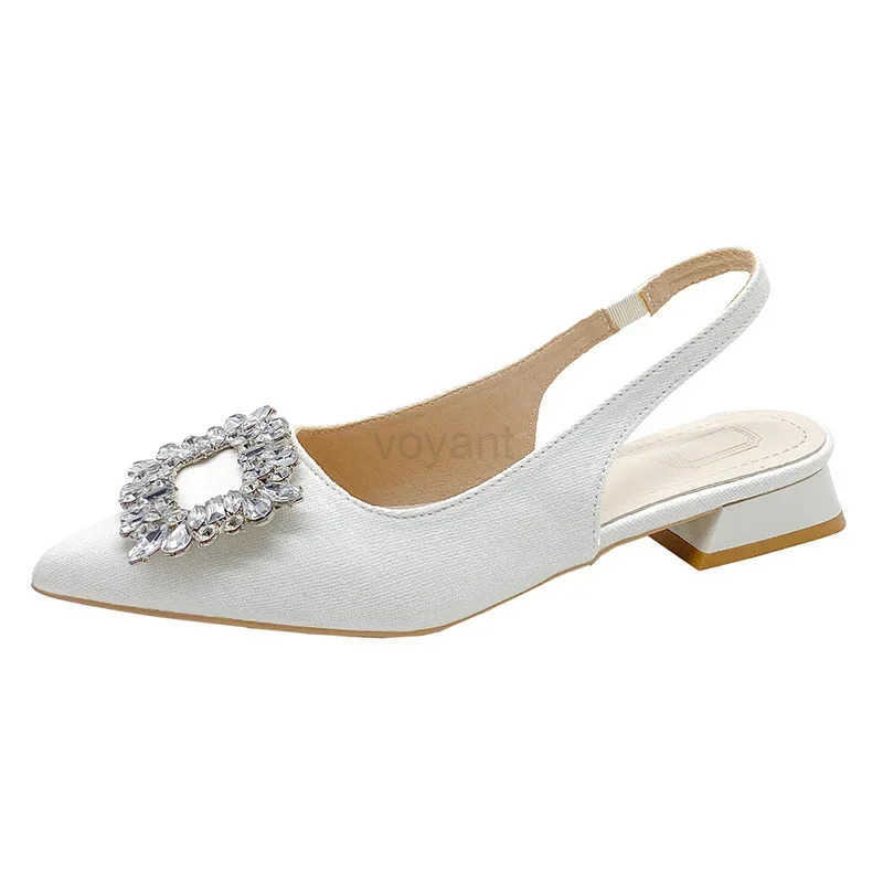 Large Size Wens Shoes French Sle Baotou Sandals Wens New Small Heel Low Heel Shoes Rhinestone Pointed Single Shoes Z250326