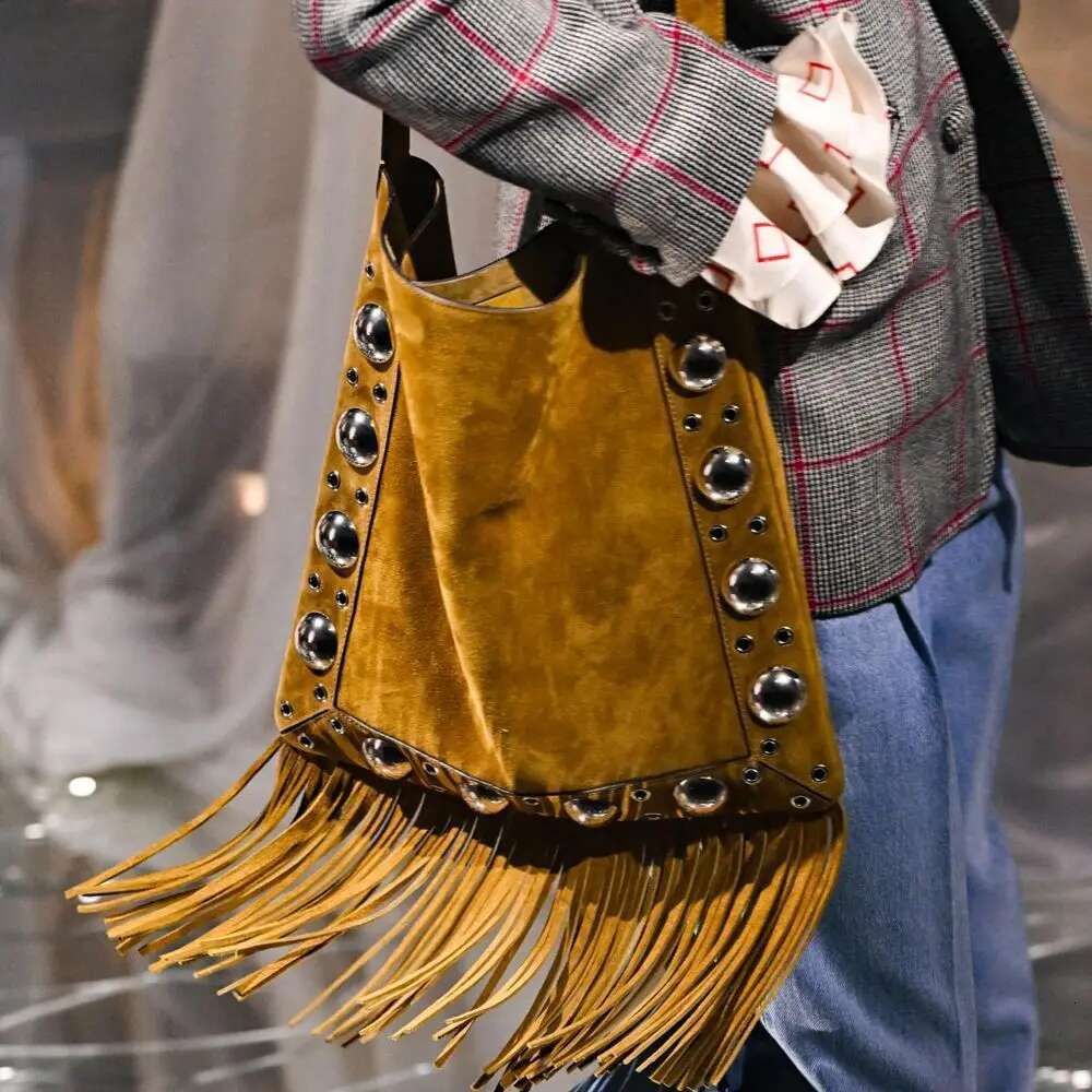 New Handbag Boho Style Niche Design Imitation Deerskin Fleece Postman Rivet Tassel One-Shoulder Crossbody Women's Bag