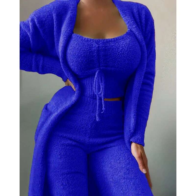 Women 3 Piece Homewear Autumn Winter Teddy Veet Crop Top Cardigan Coat + Pants Suit gerie Set Loungewear Outfits