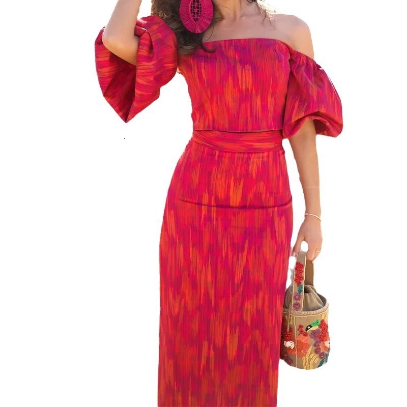 2024 off shoulder lantern sleeve top waist cinching half skirt set sexy socialite style 240627