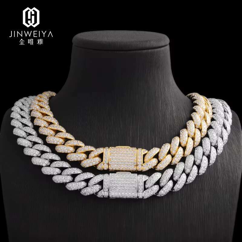 Hiphop Moissanite Jewelry High Quality Polish S925 Silver Micro Pave Two Rows 15mm Cuban Chains for Men