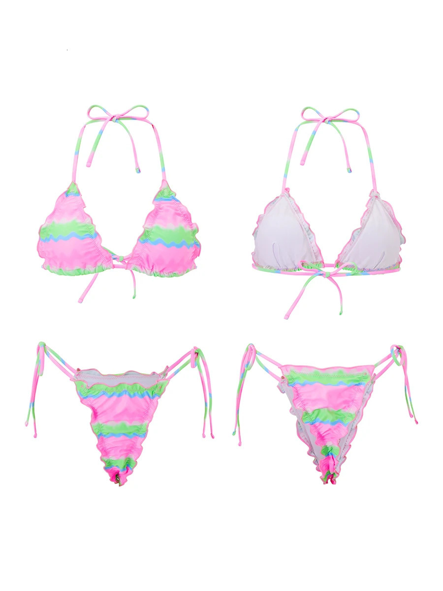 Women Lettuce Edge Bralette Bikini Swimsuit Sets Y2k Coquette Floral Print Halter String Triangle Bathing Suit Beach Swimwear 250324