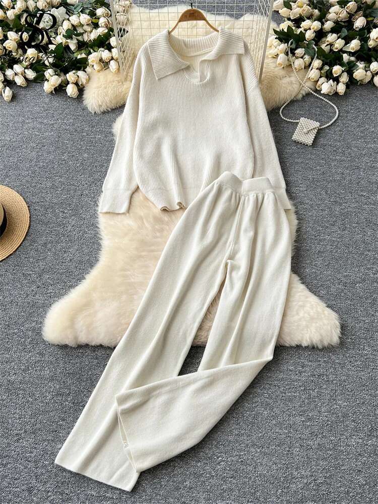 SINGREINY Autumn Casual Thick Suits Ladies Lapel Long Sleeve Loose Pullovers+High Waist Basics Wide Legs Pants Sweater 2Pcs Sets