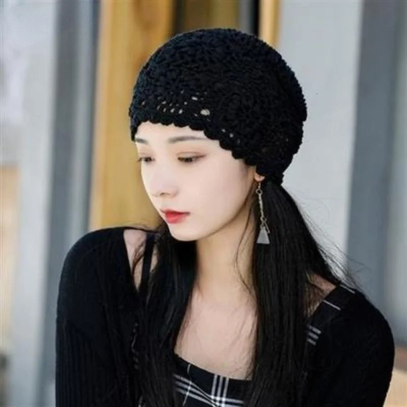 Spring Summer Thin Handmade Female Crochet Hat Hook Flower Knitted Hollow Breathable Ladies Cap Women Beanies 250321