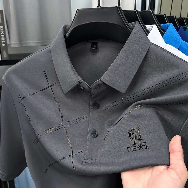 Men s short sleeved polo shirt summer trend high elasticity breathable casual cool stripes large square business stylist T