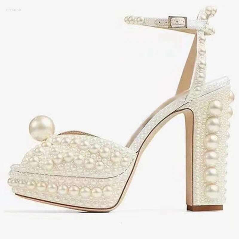 Pearl High heels Platform Women Shoes Wedding Dress shoes Designer Sandals Handmade Beaded Thick Heel Peep Toe Girls aeca