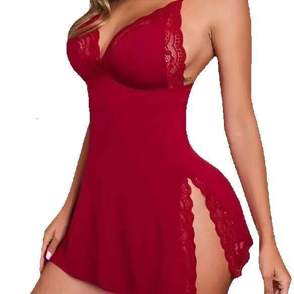 Wholesale Large Size Romantic Deep V Lace Pamas Sexy Satin Nightdress Soft Autumn Sleepwear Gerie