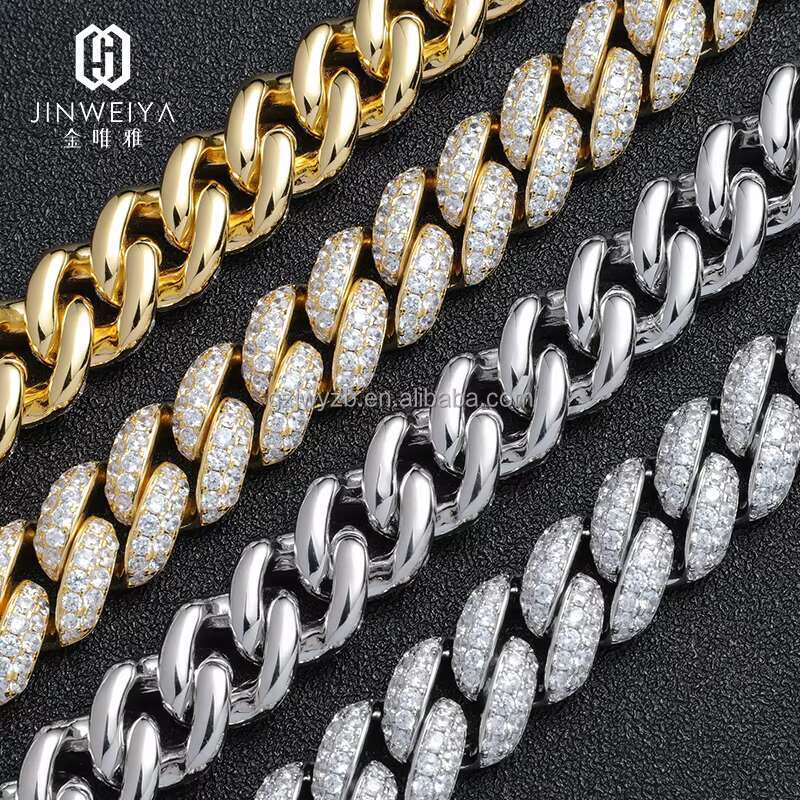 Hiphop Moissanite Jewelry High Quality Polish S925 Silver Micro Pave Two Rows 15mm Cuban Chains for Men