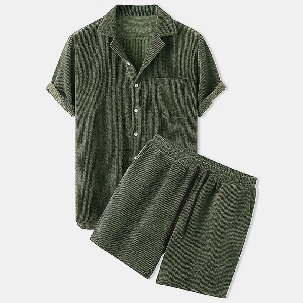 Summer mens Corduroy shorts set fashion collar short sleeved shirtsolid color shorts 2-piece set mens casual suit sportswear 250324