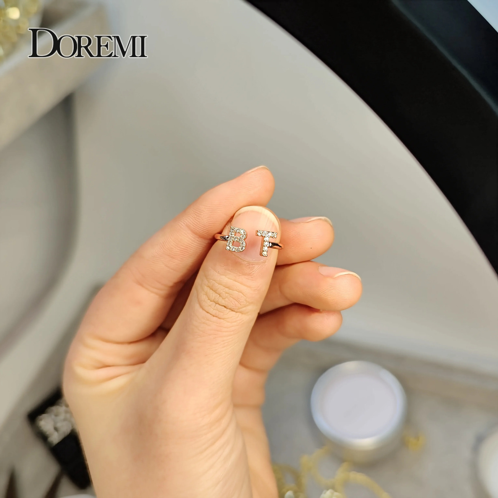 DOREMI Open Ring Custom Letter Jewelry Iced Out Zircon Stone Geometric letters fashion Ring For Women Handmade Jewelry For Gifts 250318
