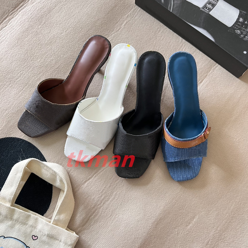 High Heels Designer Sandals Womens Dress Shoes Slippers Mid Heel Neo Revival Mules Heel Ladies denim blue White Brown Classics Slides Leather Sandal 35-40