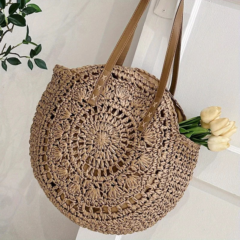 1pcs Minimalist Hollow Round Paper Rope Woven Shoulder Bag Casual Beach Tote Handbag Bohemian Style for Travel bag 250325