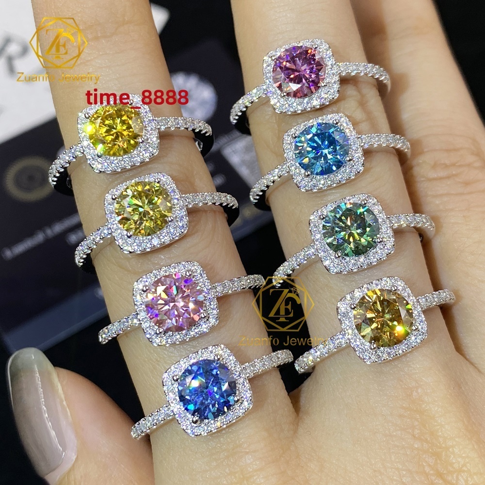 Moissanite Jewelry 925 Sterling Silver Moissanite Ring Round Yellow Pink Green Vvs Engagement Moissanite Halo Rings for Women
