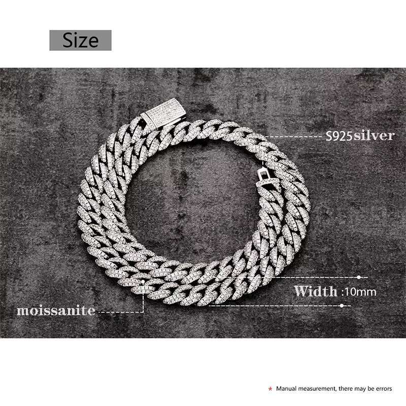 Iced Out Vvs Moissanite 2 Rows Miami Gold Cuban Chain Necklace 925 Sterling Silver Diamond Moissanite Cuban Link Chain